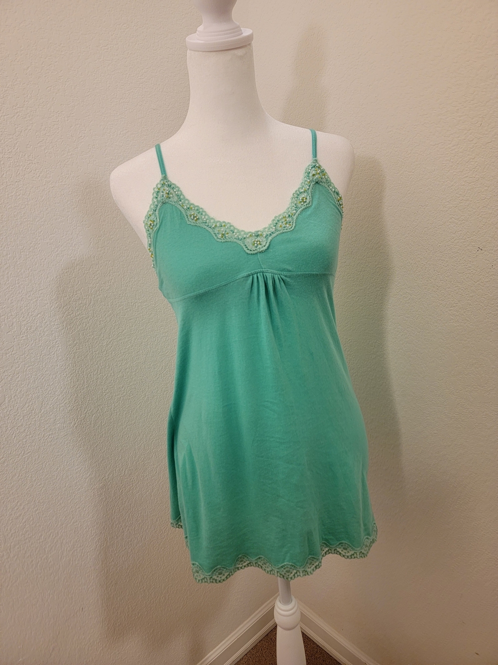 Y2K Hollister Mint Green Beaded/Lace-Trim Babydoll Cami - Medium